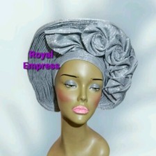 Aso-Oke African Headtie Auto Gele, Metallic Grey Empress headwear