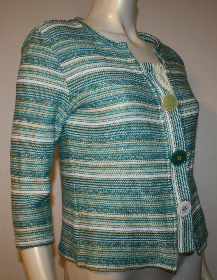 Per Una Cardigan Sweater M Blue Striped Button Trim 3/4 Sleeves - Image 2 of 4