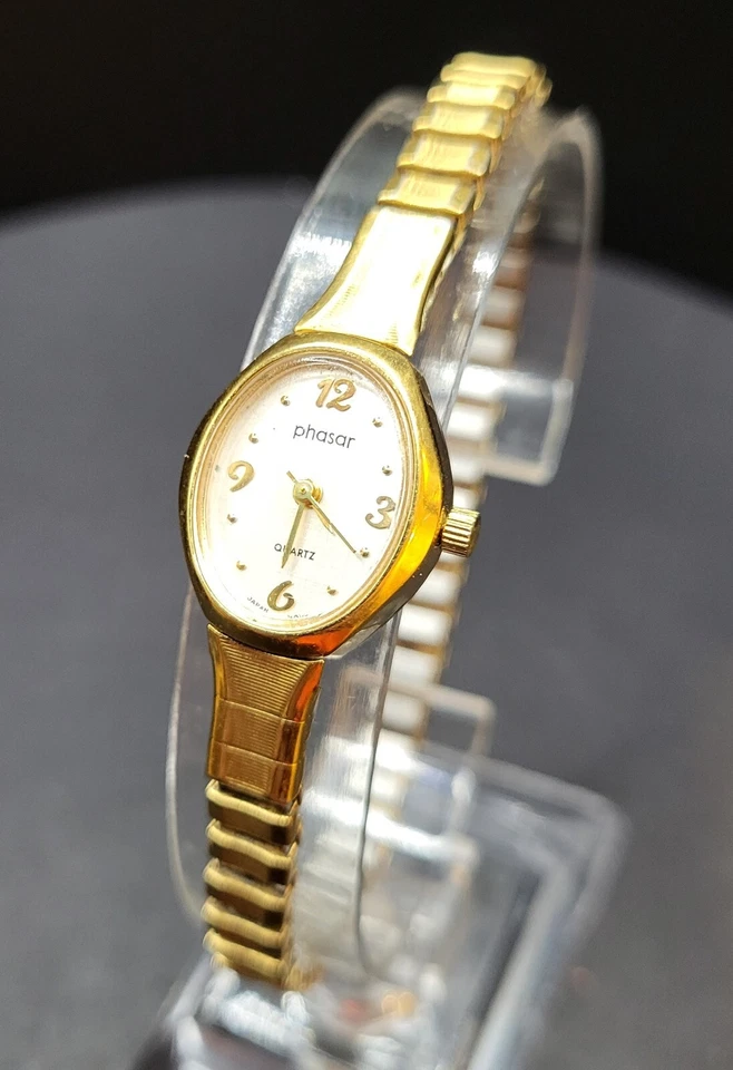 Золотистые винтажные женские кварцевые часы Phasar расширяемый браслет японский механизм - Изображение 2 из 4