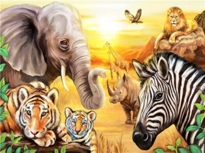 Diamond Painting Tiere Afrika Savanne Löwe Tiger Elefant 40 x 30  cm Set