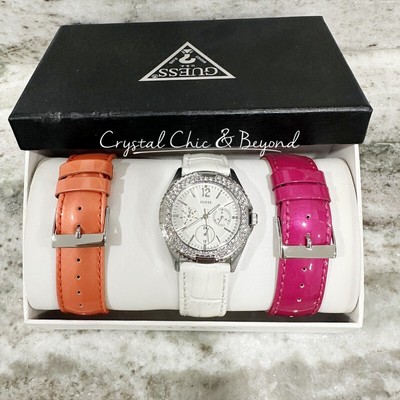 NIB AUTHENTIC GUESS Watch Set Interchangeable Straps,White,Pink,Orange U12624L2