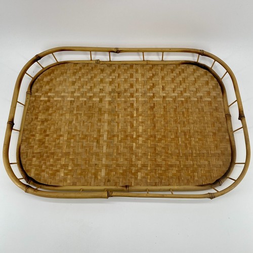 S 4 Vintage Woven Rattan Wicker Serving Trays Set Tiki Bar Mid Century 19" X 13" - Picture 10 of 13