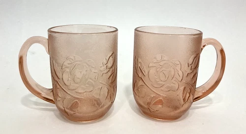 Vtg Arcoroc France Rosaline Pink Rose 4" Glass Mug Raised Roses Set of 2