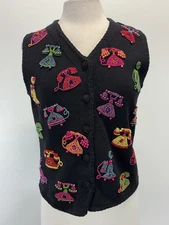 Vtg Michael Simon Sweater Vest Small Women’s Black Telephones Beaded  Embellish