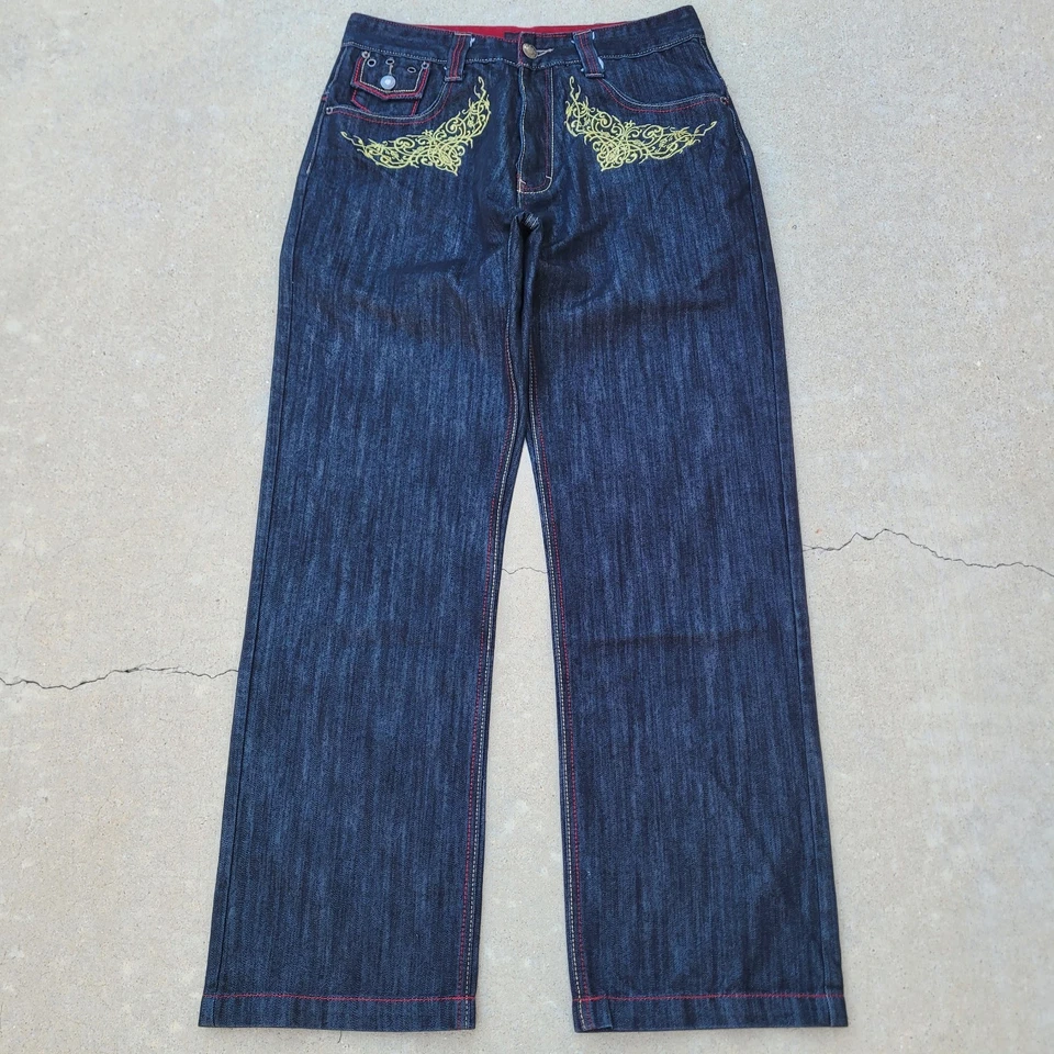 Pantalones de mezclilla vintage Y2K Red Ape para hombre negros rojos bordados águila pierna recta 31x31 Foto 2 de 4