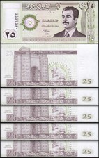 Iraq Saddam 25 Dinar 2001, UNC, 5 Pcs LOT, P-86