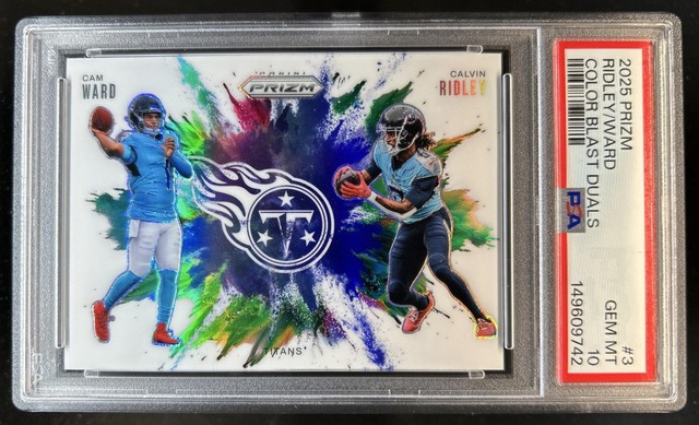 2025 Panini Prizm Cam Ward Calvin Ridley Color Blast Duals Prizm SSP #3 PSA 10