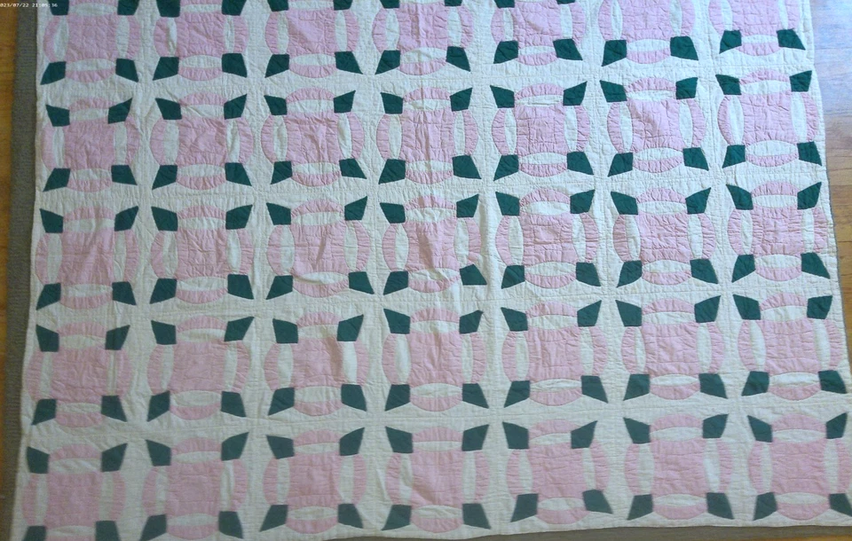 Vintage Handmade Patchwork Quilt Pink, Green & White Cottage Core Shabby Chic - Image 3 of 4