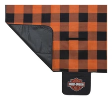 Harley-Davidson® Bar & Shield Folding Plaid Picnic Blanket Tote - Black/Orange