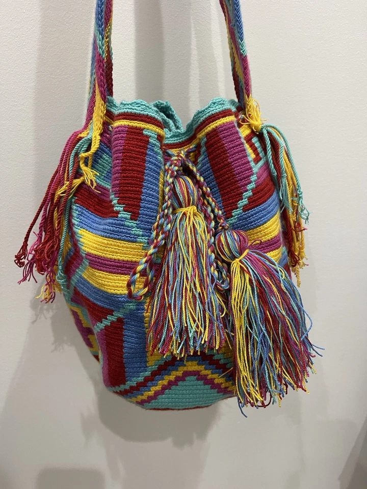 EUC Mochila Wayuu Woven Handmade Hobo Purse Satchel Bucket Bag Pompom Crossbody - Image 2 of 4