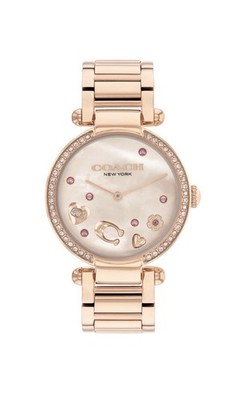 Coach Cary 34mm Rose Gold Tone Crystal Bezel Mother-of-Pearl Charm Watch CU321
