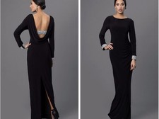 Marina Black Backless Long-Sleeve Gown Bling Trimmed Maxi Dress Size 12 NWT