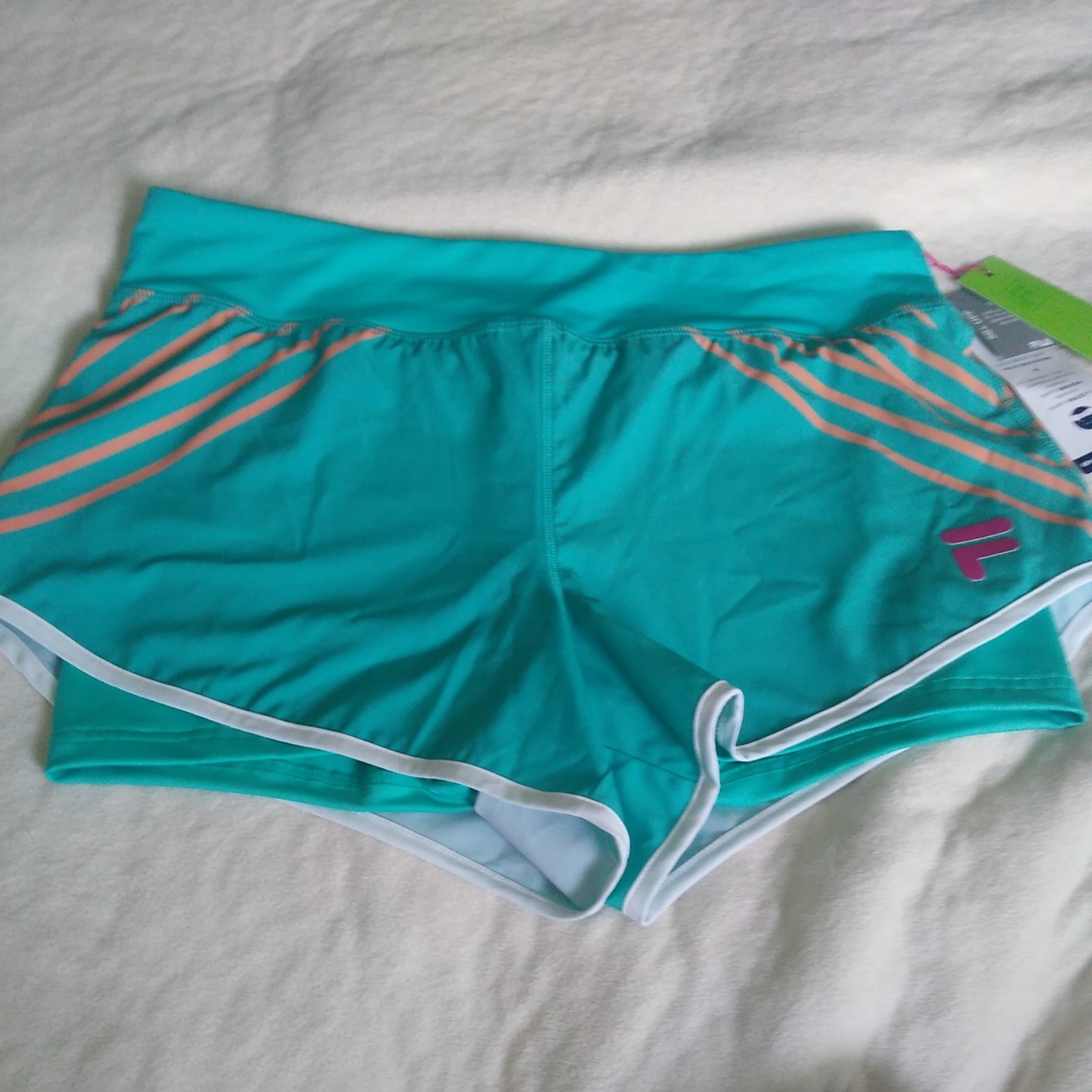 Pantaloncini donna Christopher Bevans Fila taglia L corsa vita tasca turchese NUOVI