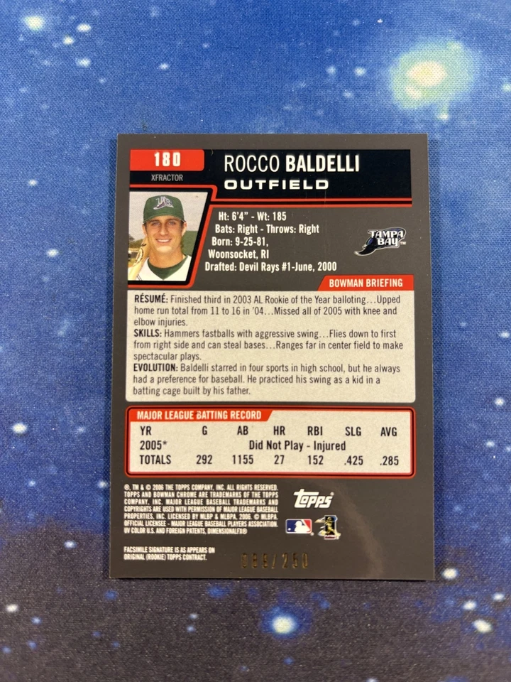 2006 Bowman Chrome #180 Rocco Baldelli X-Fractor /250 Tampa Bay Devil Rays - Image 2 of 2
