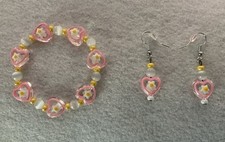 Girls White, Pink Yellow Hearts Daisies Beaded Bracelet Earring Set 6.25