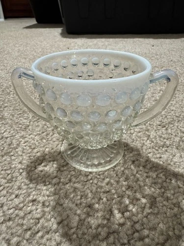 Vintage FENTON Opalescent white Moonstone Hobnail Handled Sugar Cup