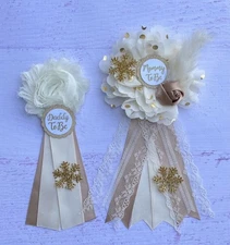 Gold Ivory Snowflake Baby Shower Corsage Set Mommy & Daddy Pins