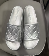 beach slides by J/SLIDES Women's Silver Quilted Slip On Slide Sandals 10