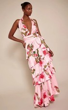 PLT Pink Floral Printed Satin Halterneck Frill Maxi Dress Wedding Guest UK 10