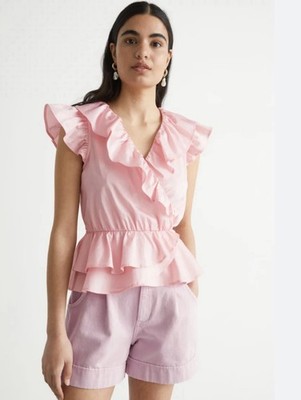Pink Cotton Ruffle Tie Waist Flutter Sleeve Blouse Women's Size S
