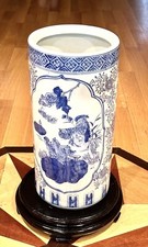 Vintage Antique China Blue White Birds Decor Cane Parasol Umbrella Stand Holder