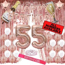 55th Birthday Rose Gold Decorations - 40" Number Balloons, Foil Curtains  More