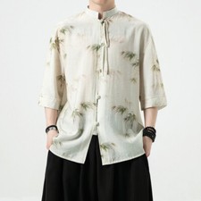 Men Casual Printed Chinese Shirts Mandarin Collar Short Sleeve Blouse Hanfu Tops
