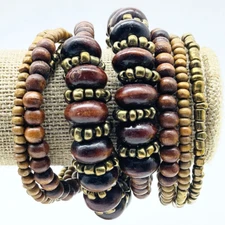 Beaded Memory Wire Bracelet Gold Tone Wood Ethnic Native Tribal SW Boho