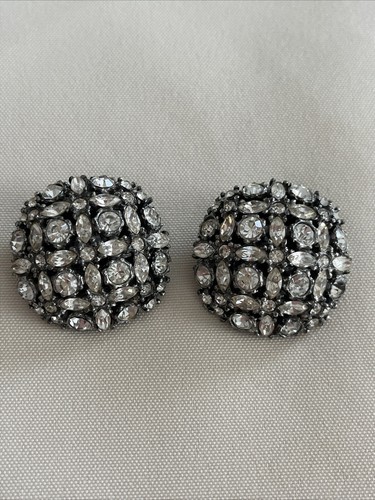 Marvella Rhinestone Silver Tone Vtg Clip Earrings Round Domed Statement Glam - Picture 1 of 19