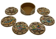 Soft Suede Leather Hand Painted Peruvian Coasters Set of 6 With Holder