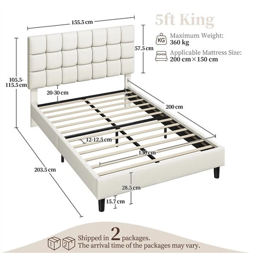 King Upholstered Bed Frame with Adjustable Tufted Linen Square Headboard, Home