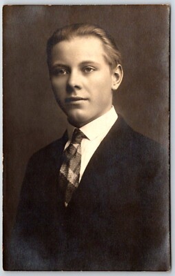 Handsome dapper man in suit tie rppc real photo postcard