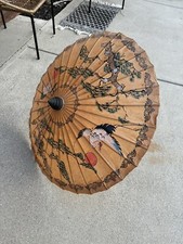 Vintage Asian Rice Paper Parasol Bamboo Umbrella Hand Painted Japanese