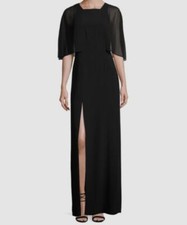 $350 Halston Women's Black Cape-Sleeve Stretch Crepe Gown Dress Size 0