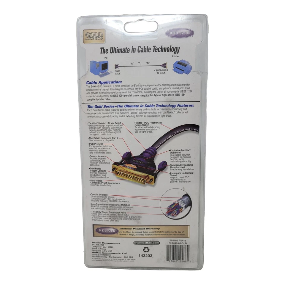 BELKIN IEEE 1284 PRINTER CABLE 6’ FOOT GOLD-SERIES F2A046-06-GLD SEALED NEW - Image 3 of 4