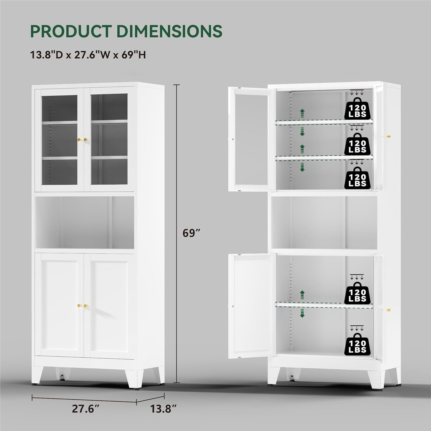 69" Metal Kitchen Pantry Storage Cabinet With Glass Doors and Adjustable Shelves
