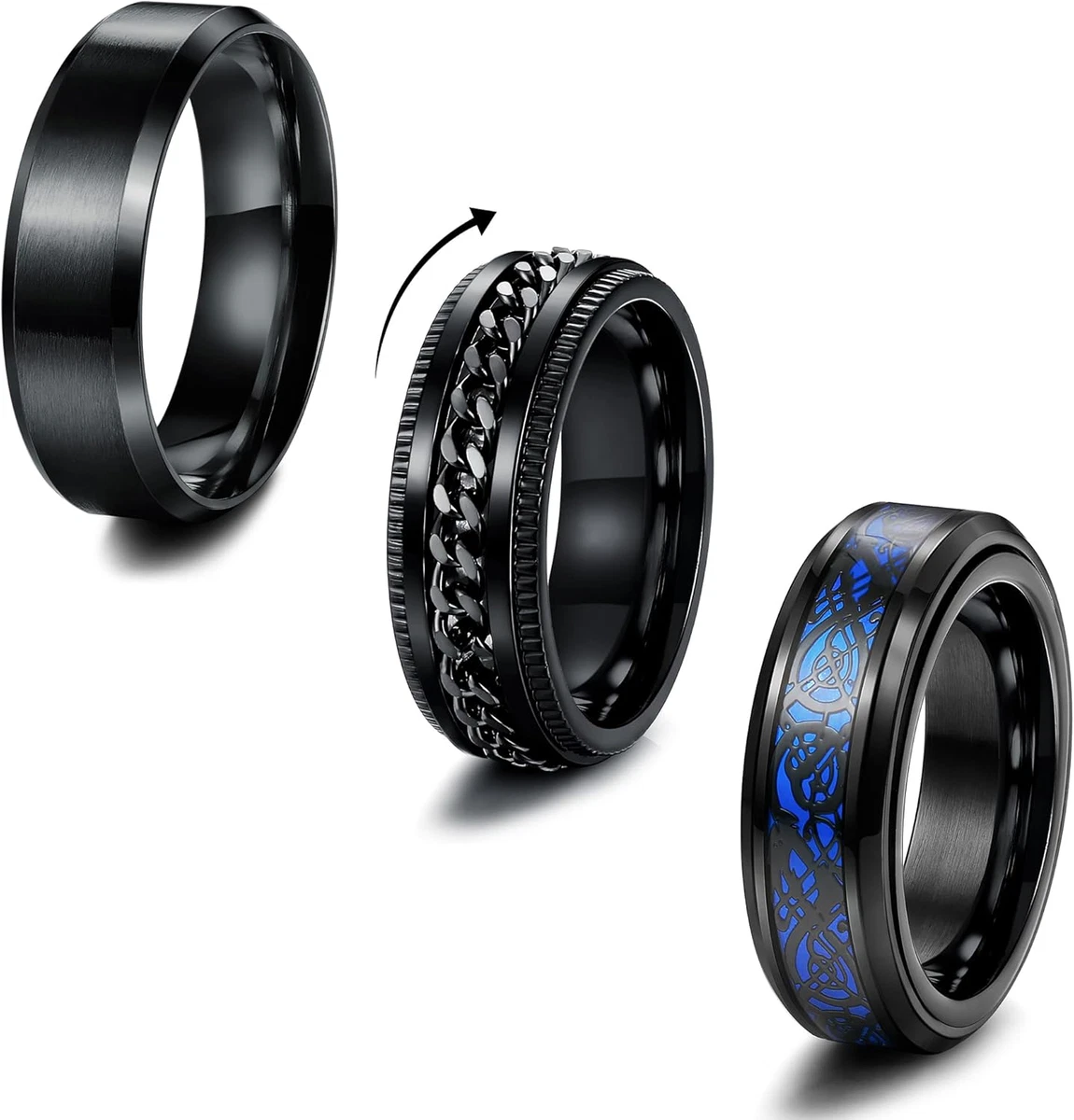 Confezione Da 4 Anelli Da Uomo In Acciaio Inossidabile - Modelli Oro, Argento, Nero E Blu - Gioielli Moderni Antiansia