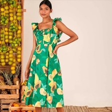 Farm Rio Sz Medium Green Papaya Fruit Salad Midi Dress Ruffle Square Neck Cotton