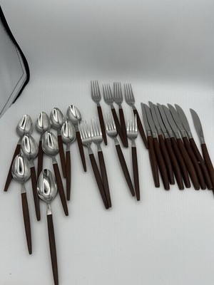 EKCO Eterna Canoe Forged Stainless MCM Flatware Set Wood Handle Japan 26 Pc