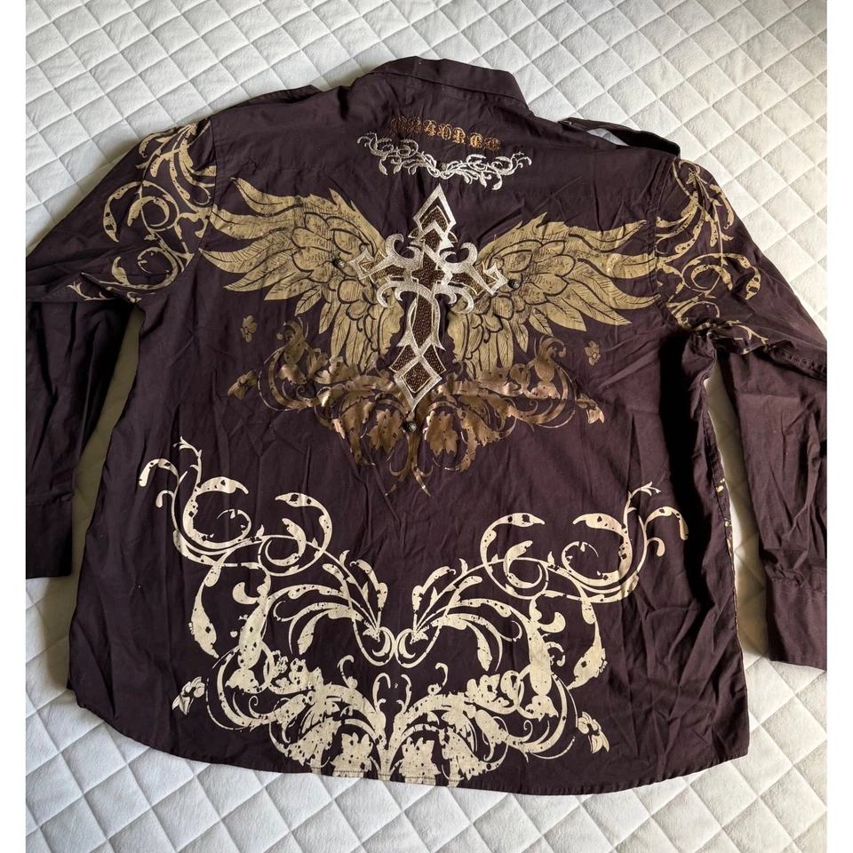 Cruz bordada con botones Y2K de colección Affliction Like En4orce diseño AOP Foto 3 de 4