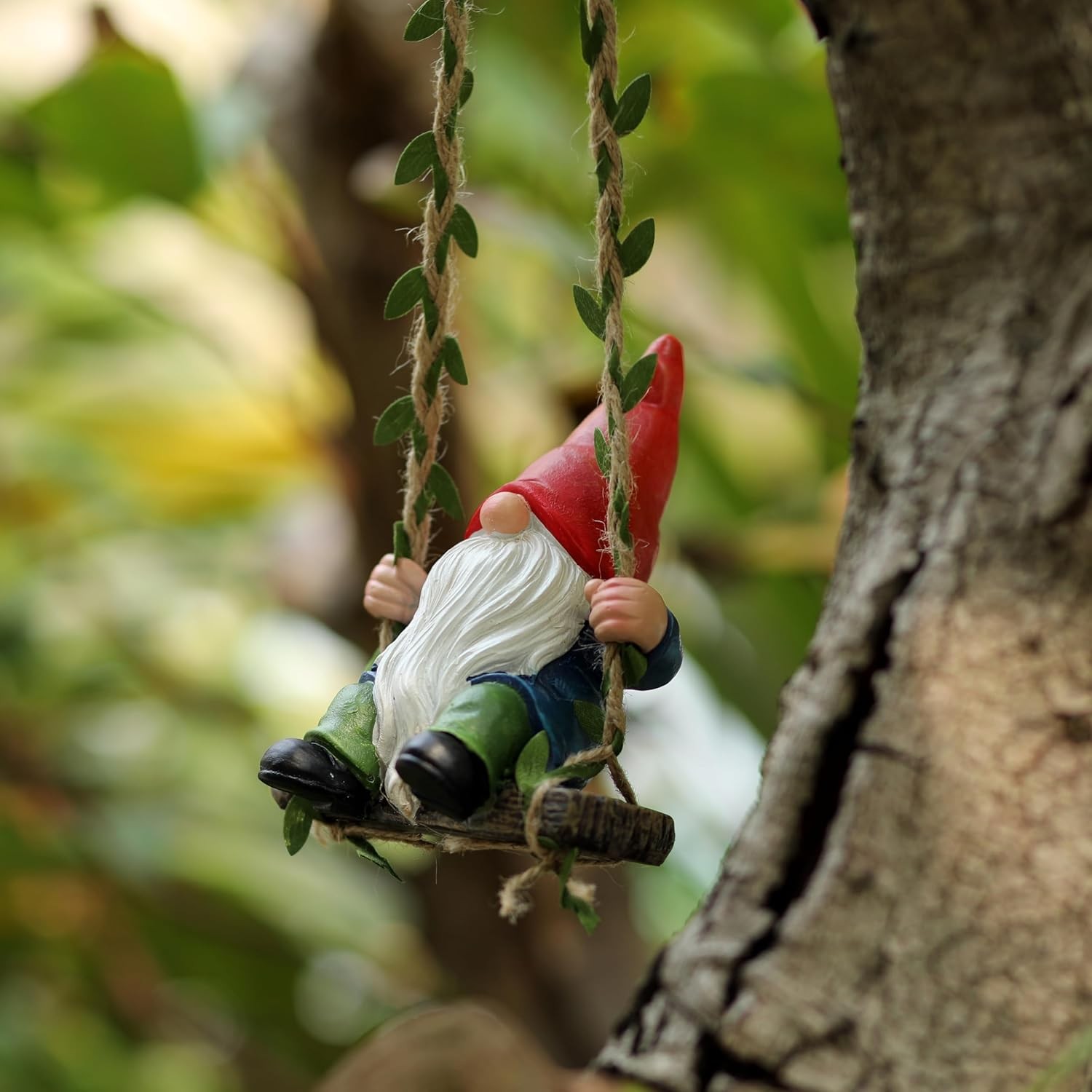 Charming Garden Gnome on Swing Statue for Indoor and Outdoor Decor