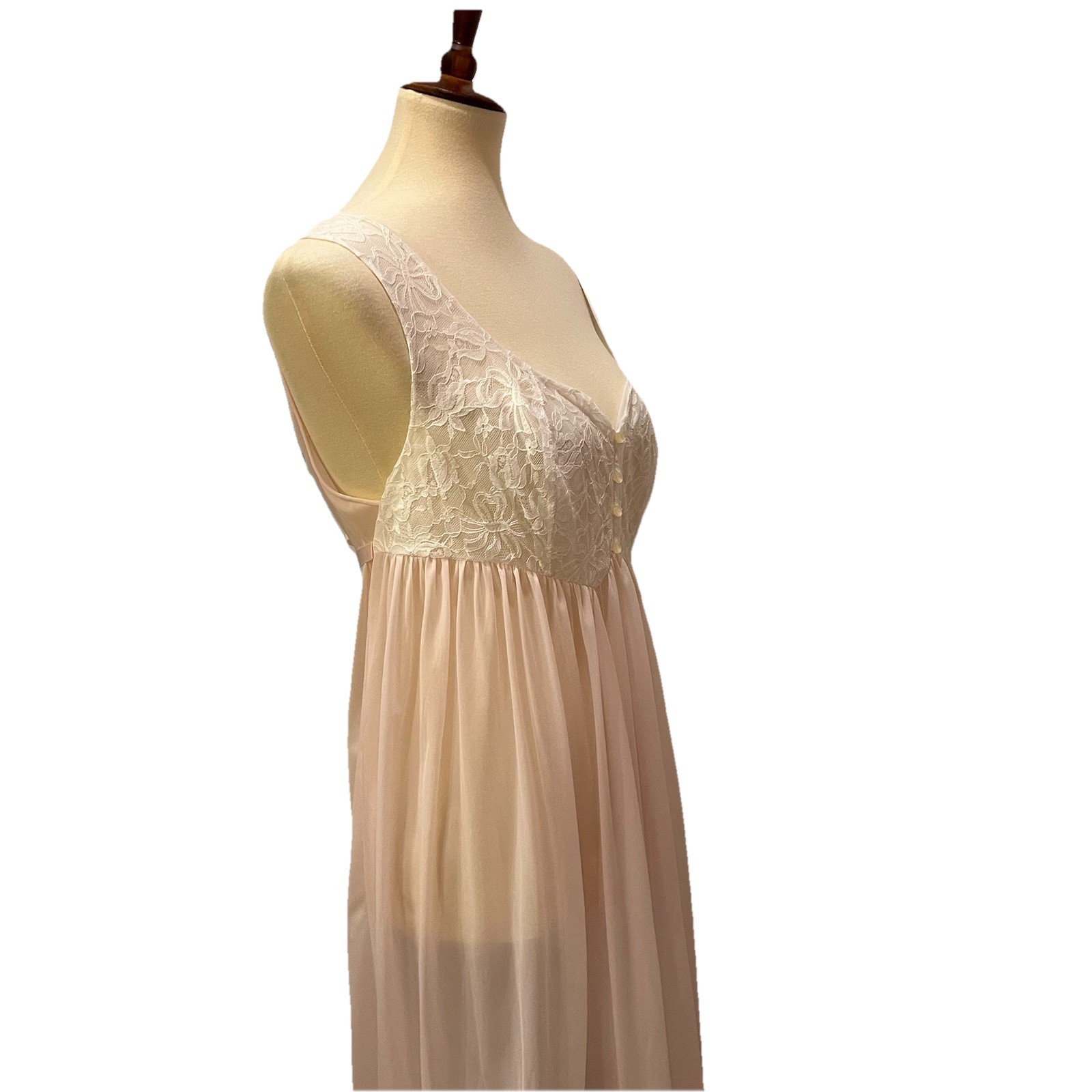 VTG Vanity Fair Gown Pink Chiffon lace SZ 38 Goddess Fairy Nylon USA Semi Sheer