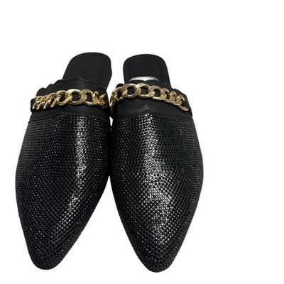 Black Rhinestone Pointed Toe Mules Chain Accent SlipOn Womens Shoes Size 8 NWOT