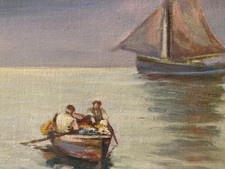 Belle Peinture 1950 Barque Pêche Huile Sur Toile Impressionnisme Fauve Ancien