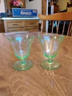 Pair Of Depression Green Uranium Vaseline Ribbed And Footed Glass Sherbet Cups