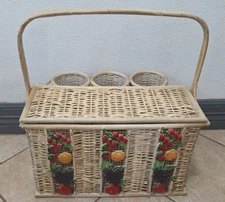 Vintage Wicker Basket Utensils Caddy with Fruit Design Apple, Grape, Orange 17"