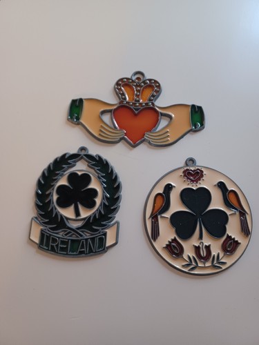 Set Of 3 Irish Stained Glass Ornaments Vintage Sun Catcher St Patrick's Day - Picture 11 of 11