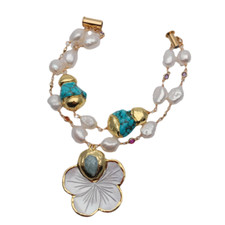 2 Rows Cultured White Baroque Pearl Cz Chain Beaded Bracelet Shell Flower Charm