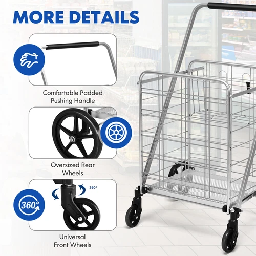 Giantex Folding Shopping Cart w/ 360° Swivel Rolling Bearing Wheels Sliver Black - Picture 6 of 16