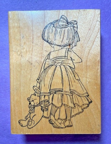 Art Impressions Rubber Stamp Wood Mount Back Of Girl Teddy Bear Frilly Dress Bow